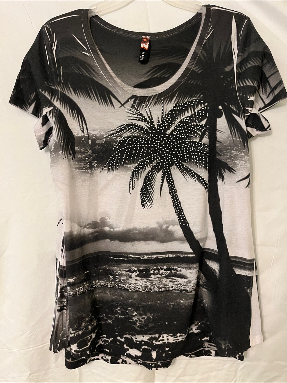 Women’s Black & White Palm Print Short Sleeve Tee with Stud Detail